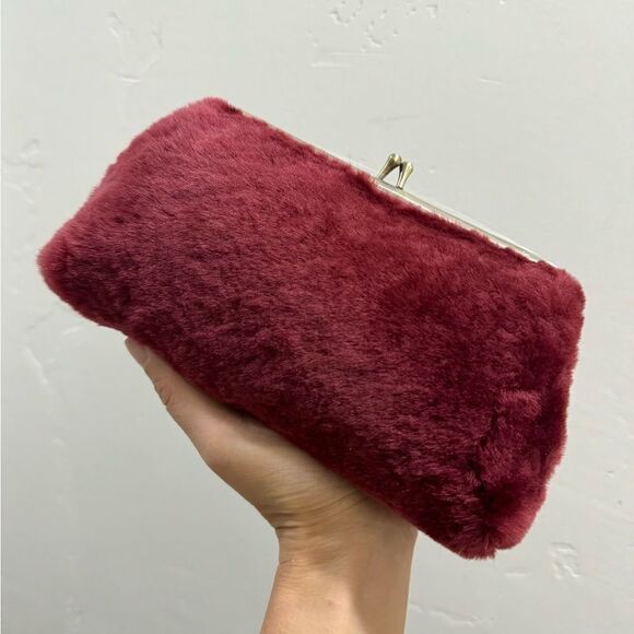 Burgundy Real Shearling Leather Kisslock Clutch/Cosmetic Case/Phone Case - Picture 10 of 14